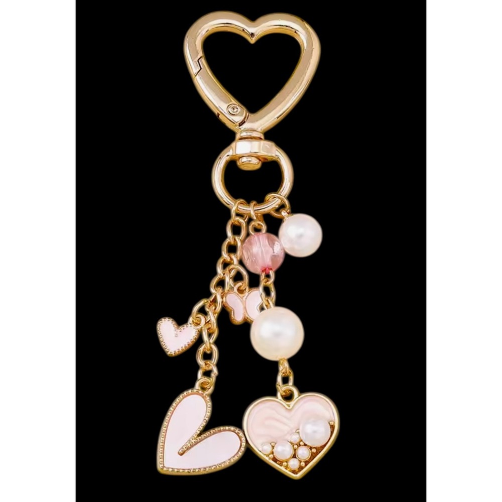 Gold Heart Pearl Bow Bag Charm Keychain Set Pink Enamel Coquette Aesthetic 2pc‎